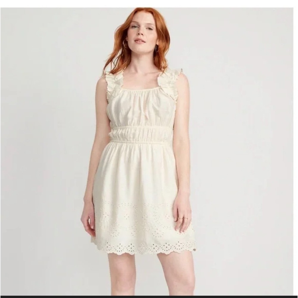 NWT Old Navy Waist Defined Eyelet Ruffle Mini Dress‎ Beachy Cream Women's Sz XXL